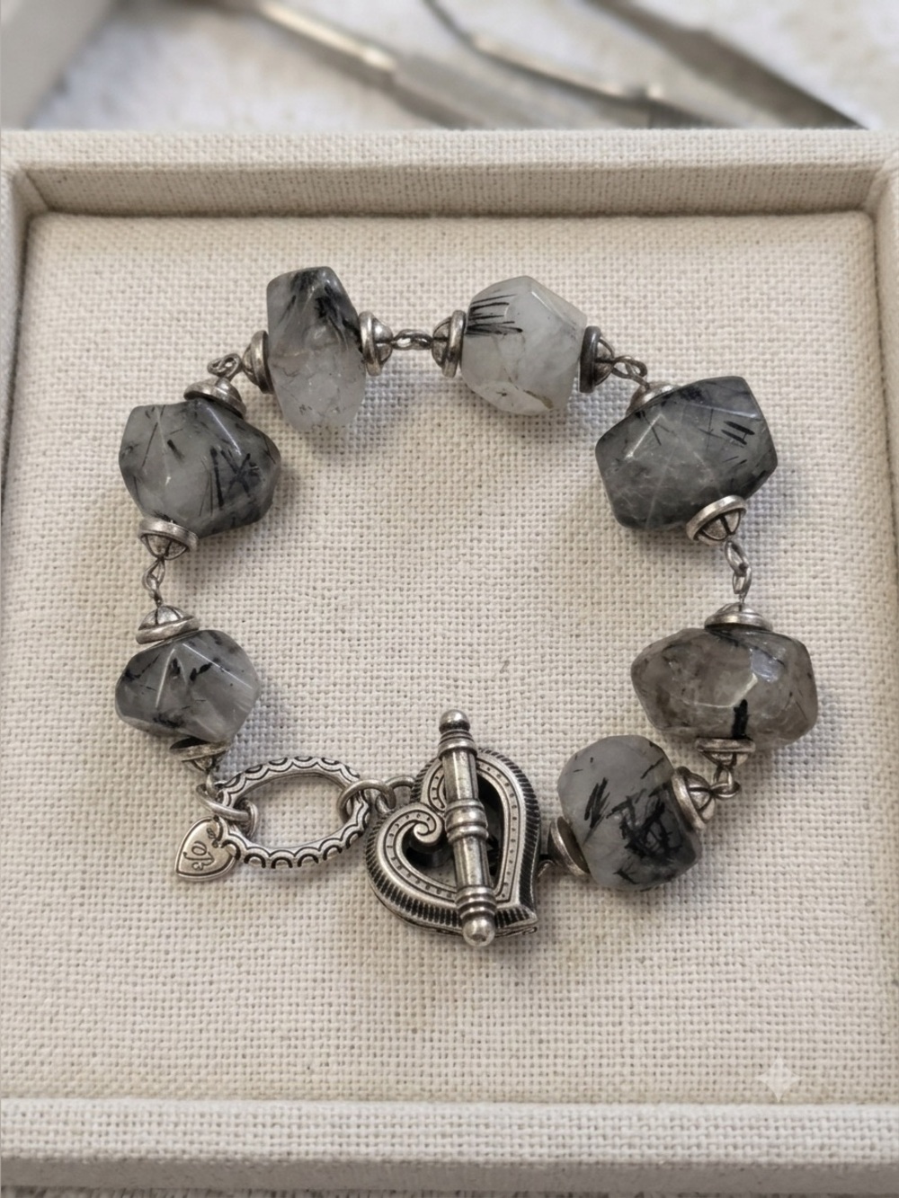 Brighton Gray Black Quartz Stones Silver Open Heart Charm Bracelet, Toggle JGG